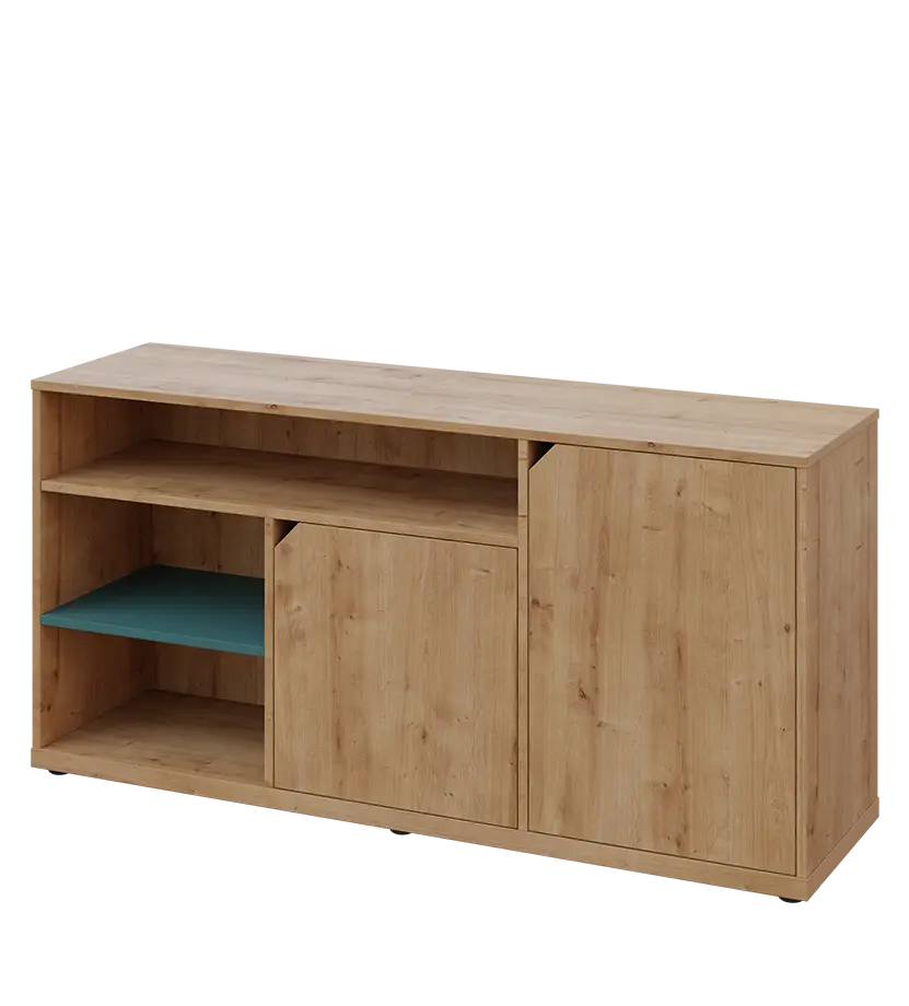 KU2-15DN3 P skříňka nízká 2-dveřová, nika, 740x1522x400, provedení pravé, korpus a dvířka dub lite/police světle petrolejová